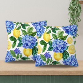KiuLoam Summer Lemon Hydrangea Pillow Covers 20x20 Set of 2 Blue Yellow Floral Decorative Throw Pillow Covers Outdoor Farmhouse Cushion Cases for Sofa Couch Bed Living Room Decor