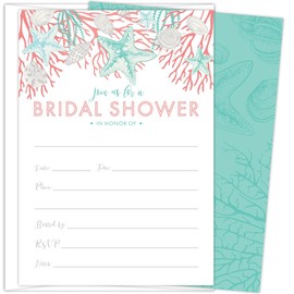 Beach Bridal Shower Invitations Set of 25 Cards and Envelopes, Fill-In Style with Corals, Shells and Starfish. Printed on Heavy 140lb Card Stock.