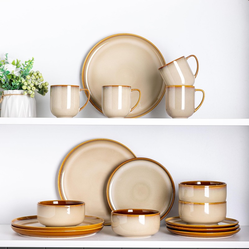 LeRatio Ceramic Dinnerware Sets for 6,Poreclain Plates and Bowls Sets,Handmade