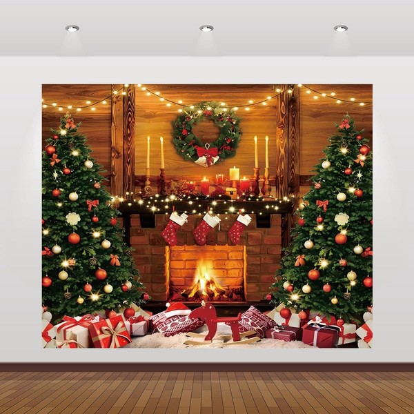 Christmas Backdrop 10x8ft Fireplace Xmas Tree Rustic Wall Interior Photography