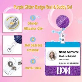 ANDGING LPN Badge Buddy and Reel Set Acrylic Horizontal Badge Card Buddies Holder Glitter Purple Nurse Nursing Gifts Bling Reels Retractable Medical ID Card HP6898