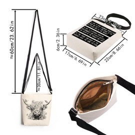 LiuenMgg Sketch Highland Cattle Print Canvas Crossbody Bag, Adjustable Strap Lightweight Purse with Top Zipper & Inner Pocket, Daily Shoulder Bag Gift for Women
