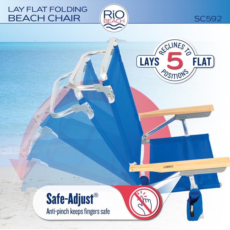 Rio Brands Classic 5 Position Lay Flat Folding Beach Chair,