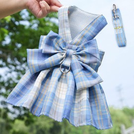 Dog Harness and Leash Set, Cute Bow Tie Plaid Harnesses for Puppy Cat, Adjustable Pet Kitties Vest, Breathable Harness Traction Rope for Boy Girl Small Animal(Skirt Sky Blue,L for 8.8-12.1lbs Dog)
