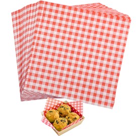 GeeRic Christmas Waxed Deli Paper Sheets 7 * 7 Inch for Food Wrapping, 200 Pcs Food Basket Liners for Sandwiches Burgers X'Mas Treats Wrap Wax Papers Gingham Red
