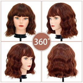 AKFYORH Auburn Short Wig With Bangs Curly Wavy Bob Wigs for Women Shoulder Length Wigs Natural Looking Realistic Synthetic Hair Wig