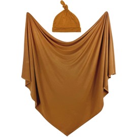 iEvolve Cotton Knitted Baby Swaddle Blanket with Hat Headband Set Newborn Swaddle Wrap Receiving Blankets for Baby Girl Boy 45" x 45"(Ginger)