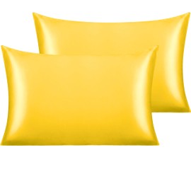 NTBAY 2 Pack Satin Standard Pillowcases for Hair and Skin, Luxurious and Silky Pillow Cases with Envelope Closure, 20x26 Inches, Yellow