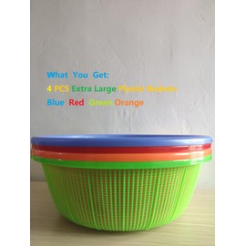 4 Pcs Large Plastic Wash Basket Round Perforated Colander Wash Vegetables and Fruits Drain Cooked Pasta Kitchen Essentials Food Strainer Basket Strainer Kitchen Blue Green Red Orange color