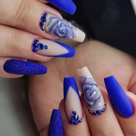 Press on Nails Medium Ballet Shaped False Nails Artificial Acrylic Nails Blue Flowers and Rhinestones Design French Fake Nails Full Cover Reusable Coffin Nails Glue on Nails for Women 24Pcs