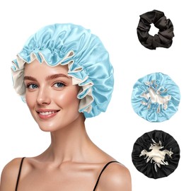 2Pcs Reversible Silk Bonnet for Sleeping Women Double Layer Satin Sleep Cap with Adjustable Elastic Band for Men, Natural Curly Hair Care Black Blue