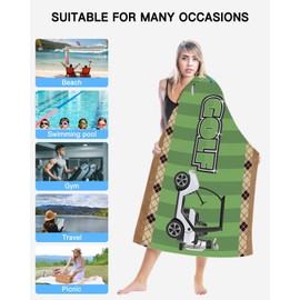 Lansemy Golf Cart Beach Towel - 31x63 Inch Sand Proof Water Absorbent Travel Towel for adults, Golf Clubs with Green Vertical Stripes Quick Dry Pool Towel Travel Camping Blanket for Yoga Bathroom