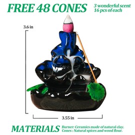 VVMONE Cute Ceramic Backflow Incense Holder Waterfall Incense Burner with 48 Incense Cones and 30 Incense Stick, Incense Fountain for Home Decor, Desk Decor (Dark Bule)