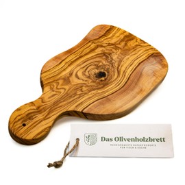 das Olivenholzbrett® Garlic Chopping Board Made of Olive Wood / Herb Chopping Board / Onion Board Made of Wood with Olive Wood Handle / with Hanging Hole 35 cm Including Handle