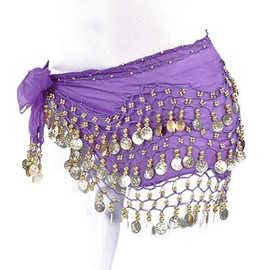 REINDEAR Vogue Style Chiffon Dangling Gold Coins Belly Dance Hip Scarf (Dark Purple)