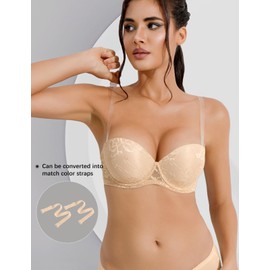 Vgplay Strapless Bra Push Up Thick Padded Add 2 Cups Underwire Convertible Multiway Bras for Women Nude 38A