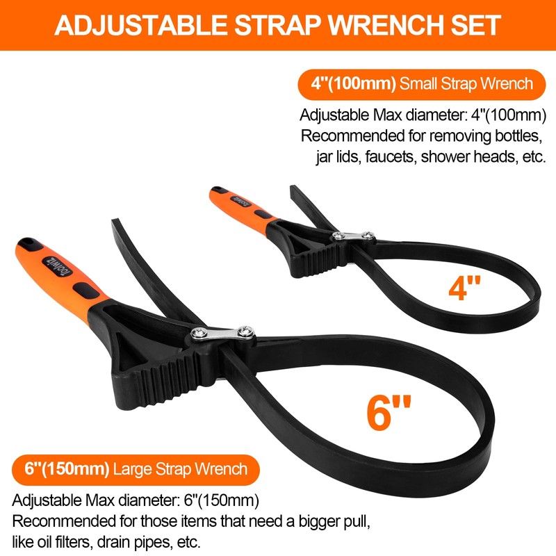 Toolwiz Rubber Strap Wrench Set, 2pcs for Pipes Below 6''