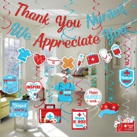 Renbuzhu Nurses Week 2025 Party Decorations - Thank You Nurses/We Appreciation You Banner + Hanging Swirls Decor Gifts Bulk RN Graduation Supplies