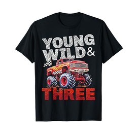 Kids 3rd Birthday Monster Trucks Young Wild and Three 3 Boys T-Shirt