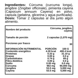 Cúrcuma, Jengibre, Cayena Polvo - 60 Cápsulas - Suplemento Sabor Sin sabor