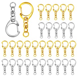 Roctee 70 Pcs Jump Rings D-snap Hook Split Key Ring Keychain Hareware with Chain | Metal Keychain Parts with 8mm Open Jump Ring and Connector | Key Rings Clips Accessories for DIY (Silver+Gold)