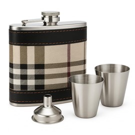 Premium Tartan Hip Flask Gift Set with Funnel & 2 Shot Cups – Stainless Steel Pocket Flask for Men – Portable and Stylish Accessory for Travel, Outdoors, Birthdays & Celebrations JR1372 Brown