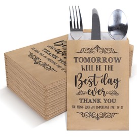 Whaline 100Pcs Wedding Silverware Bags 5 x 7 Inch Rustic Wedding The Best Day Ever Kraft Wax Cutlery Bags Utensil Holders Reusable for Wedding Rehearsal Dinner Engagement Barbeque Banquet Supply