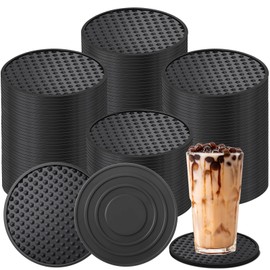 Eccliy 48 Pack Silicone Coasters for Drinks Nonslip Silicone Drink Coasters Cold Hot Heat Resistant for Table Tabletop Coffee Bar (Black)