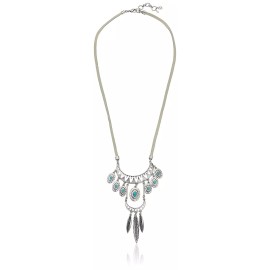 LUCKY BRAND Tribal Turquoise Silvertone Pendant on Leather Necklace 24" NEW