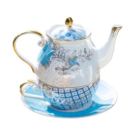 ACMLIFE Tea for One Teapot and Cup Set, Bone China Tea Set for One, Tea Gift Sets for Women, Blue Vintage Floral Teapot and Saucer Set, Gold Porcelain Luxery Tea Pot Set Gift for Women (Light blue)