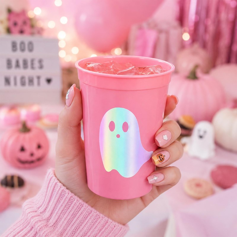 24 Pack Halloween Iridescent Plastic Cups, Ghost, Pink Color, 16oz
