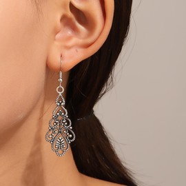 Yheakne Boho Filigree Drop Earrings Silver Tribal Filigree Earrings Hollow Carved Filigree Earrings Vintage Filigree Earrings Jewellery for Women and Girls, Zinc, No Gemstone