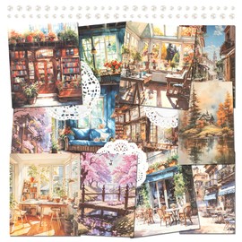 2 Packs Scrapbook Paper Street Natural Scenery Decoupage Background Paper Vintage Watercolor Style Collage Paper with Sticky Pearl for Journal Planner Card Making Crafting Collaging Wrapping (Alva)