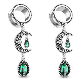 Pierced Owl - Vintage Filigree Moon Dangling Vibrant Green Stone Set Flesh Tunnel Plugs, Sold as Pair, Silver, no gemstone
