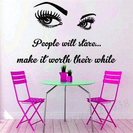 ANFRJJI Makeup Wall Sticker for Beauty Room Decor - Eyelashes and Makeup PVC Removable Decals for Salon, Hairdressing, and Powder Room - "People Will Stare Make it Worth Their While" Quote -effect
