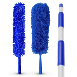 Blue Extension Rod Ceiling Duster with 18-20 feet Reach 3-Stage Aluminum Telescoping Pole - Cathedral, Cobweb, Microfiber, Ceilings Fan Duster Includes 2 Hand Dusting Kit
