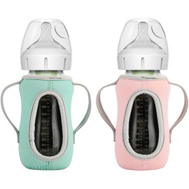 Beautyflier Glass Baby Bottle Sleeve Covers for Dr. Brown's Natural Flow Anti-Colic Wide-Neck Glass Baby Bottles, 3.3mm Thicken Heat and Cold Retention Baby Bottle Sleeve (Pink + Green, 9oz/270 mL)
