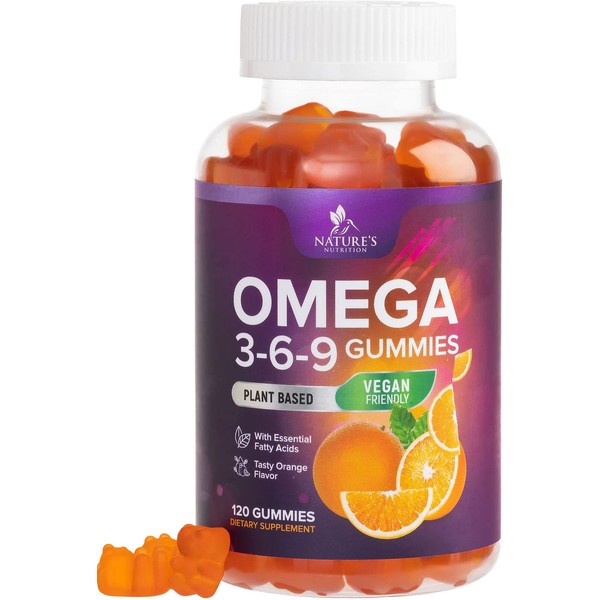 Omega 3 6 9 Vegan Gummies - Triple Strength Omega 3 Supplement Essential Oil Gummy - Omega 369 Heart Support and Brain Support for Women, Men & Pregnant Women, Non-GMO, Orange Flavor - 120 Gummies