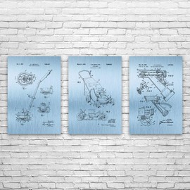 Patent Earth Lawn Care Posters Set of 3 (5x7), Grounds Keeper, Landscaper Gifts, Tool Shed Decor, Hardware Store Art, Yard Work Art Blue Steel