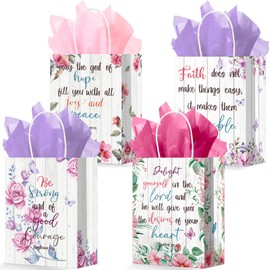 24Pcs Religious Gift Bags Bible Verse Paper Bags Party Favors with Handles 24 Tissues Christian Gift Bags Bulk Baptism Church Inspirational Flower Treat Bags for Women Girls Nativity Birthday Wedding