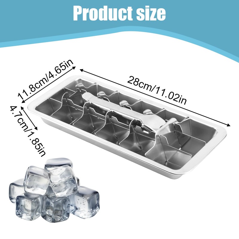 Stainless Steel Ice Cube Trays with Detachable Handle, 18-Slot Metal