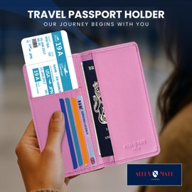 ALLEN & MATE Passport Holder Travel Wallet, Leather Travel Folio RFID Blocking Travel Document Organiser for Men (Pink)