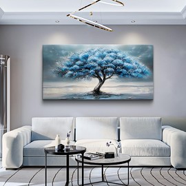 FUHAIHUA Canvas Wall Decor For Living Room Wall Art For Bedroom Large Size Office Decorations Blue Tree Paintings Abstract Wall Pictures Artworks ReadyTo Hang Dormitory Home Decoration 20"X40"