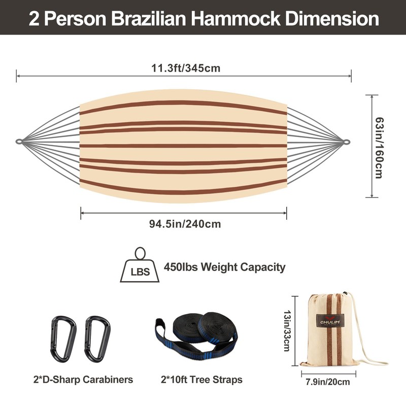 CHULIM Brazilian Double Hammock with Tree Straps,Extra Large 94x63IN,2 Persons