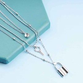 Cimenexe Bohemian Key Lock Pendant Necklace Crystal Choker Necklace Ball Satellite Chain Necklace Silver Multilayer Necklace Jewellery for Women and Girls