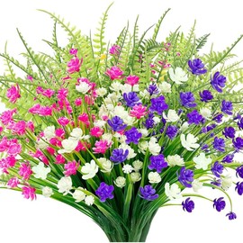 12 Bundles Mix Color Artificial Flowers for Outdoors, UV Resistant Fake Flowers Artificial Plants Outdoor No Fade Shrub Daisy Plastic Fern Cemetery Flowers Home Porch Outside Summer Decor - Color: Green,pink,white,purple