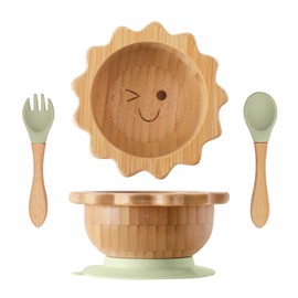 Bamboo Suction Plates Bowls Set for Baby Toddler Divided Platter Food bowl with Silicone Fork & Spoon All-Natural Baby Feeding Set for Baby-Led Weaning, Non-Slip Design