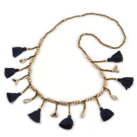 Avalaya Natural Coloured Wood/Bronze Glass Bead with Dark Blue Cotton Tassel Long Necklace - 100cm L