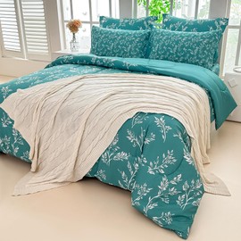 lasoftan 7 Piece Woven Texture Comforter Set, Bed in A Bag Bedding Sets with Comforter and Sheets, Soft Lightweight Comforter Set with Deocor Throw Pillow, King,Botanic Reverie