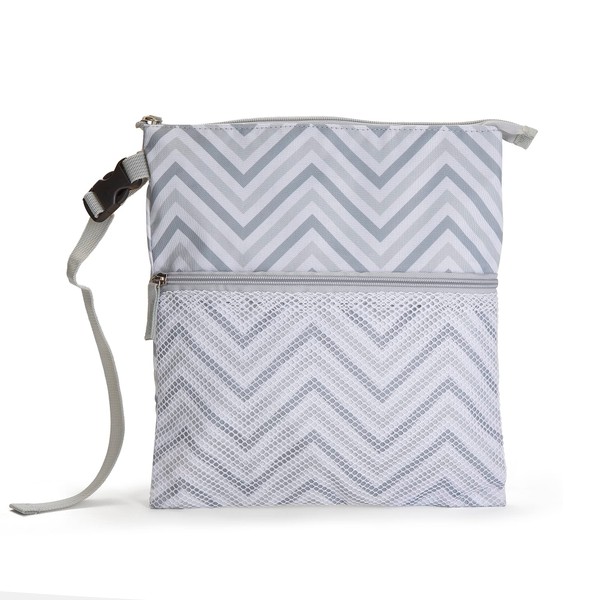 Small Wet Dry Nappy Bag for Swimming and Changing - Small Waterproof Wet Bag for Nappies and Clothes - Multipurpose Wet Dry Bag for Parents - Classic Grey Chevron